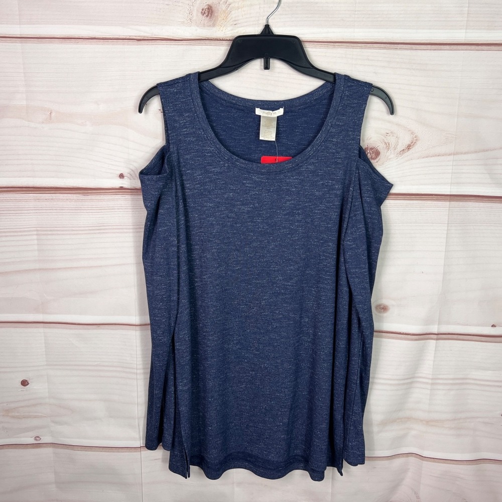 Matty M Top Women M Blue Cold Shoulder T-Shirt Long Sleeve Scoop Neck Tunic Knit